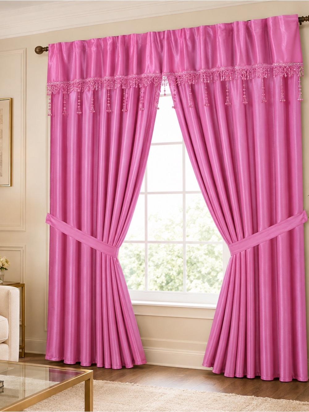 Elegant Pink Window Curtains with Beaded Valance